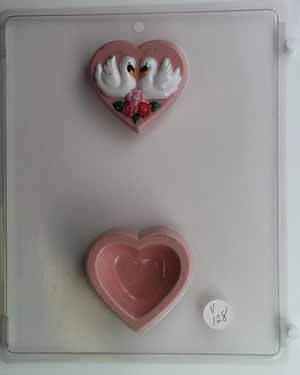 Heart background with Swan pair & flowers lid & bottom V128