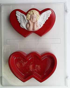 Large double heart w/ cupid resting head on hands lid & bottom V166